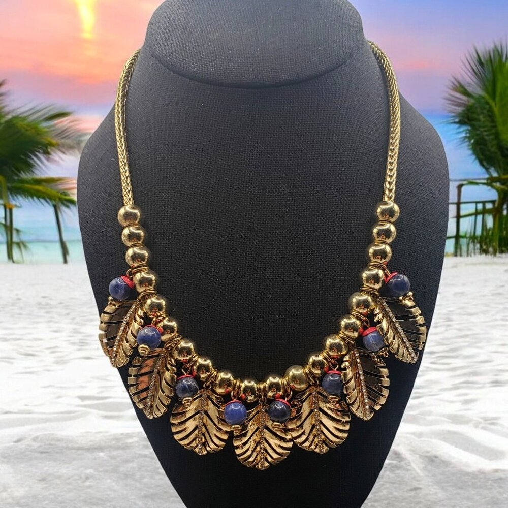 Vintage Gold Tone Palm Leaf w/ Rhinestone and Blue Beaded Statement Necklace